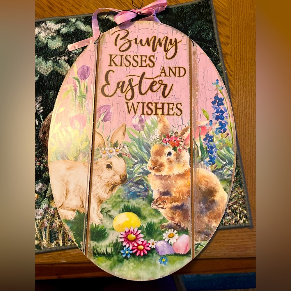 Easter Bunny Egg Shaped Wall Decor Set of Two with Floral and Butterfly Accents